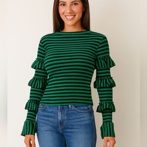 JJ's Fairyland Boat Neck Striped Top With Ruffle Sleeve Detail Size Small